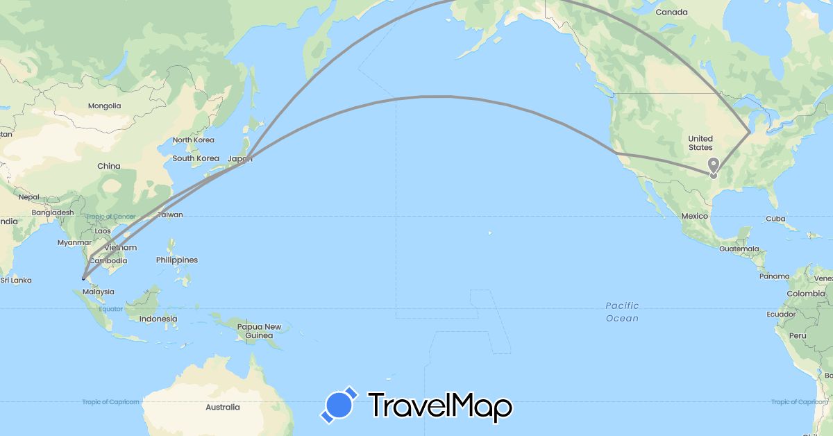 TravelMap itinerary: driving, plane in Japan, Thailand, United States (Asia, North America)